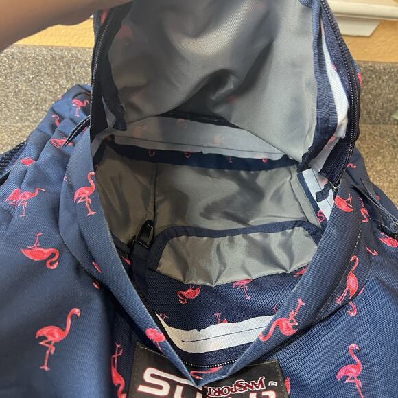 Trans JanSport TM60 Superbreak Backpack Blue With Pink Flamingos - Picture 7 of 8